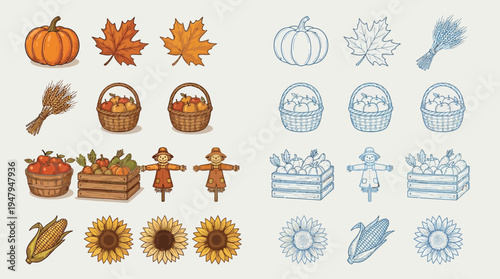 A collection of colorful and blue-toned autumn harvest illustrations, featuring pumpkins, leaves, baskets, scarecrows, sunflowers, and corn.