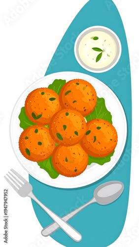 Illustration of a dish of golden, round fried balls on a white plate with lettuce, served with a dipping sauce, and cutlery