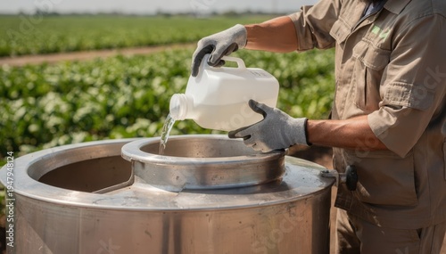 Medium shot of a technician pouring nonionic agricultural adjuvant into a mixing tank enhancing pesticide spread for uniform crop protection under bright daylight.