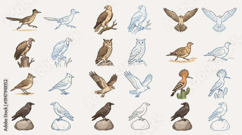 A detailed illustration showcasing a diverse collection of bird species, including raptors, songbirds, and scavengers, presented in both colored and line-art formats.