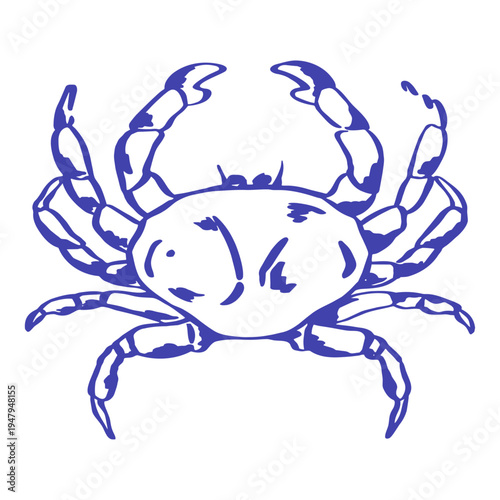 Mediterranean crab illustration in blue outline style, featuring a whole crab with claws and legs. Clean seafood inspired marine element isolated on a light background with a simple coastal look.