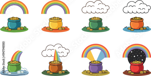 Whimsical illustrations of treasure chests with magical elements and weather phenomena