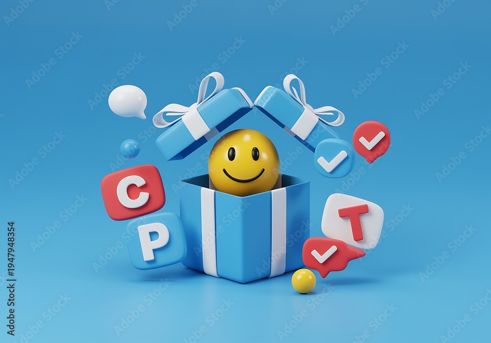 Obraz premium Happy Smiley Face Gift Box with Checkmarks and Letters