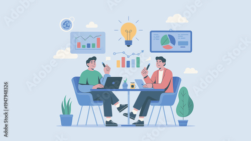 Two businessmen sitting at a desk with laptops and discussing ideas in a modern office setting