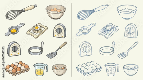 A collection of baking and cooking utensils and ingredients, including eggs, whisks, timers, and spatulas, presented in two distinct color palettes.