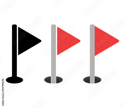 golf hole flag icons, flat vector sports equipment design set