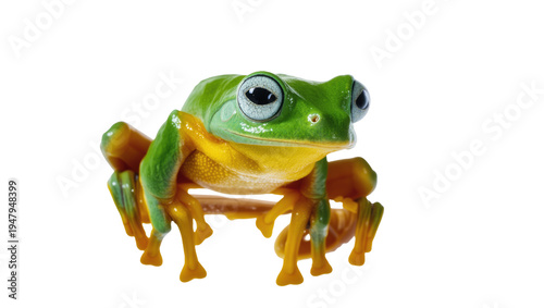 Photos Isolated vibrant green and yellow tropical tree frog with big eyes sitting on a branch studio shot
