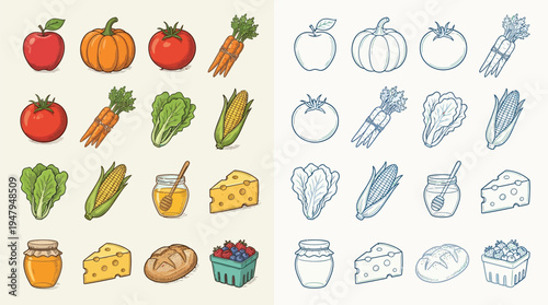 A collection of colorful and outline illustrations of various fresh food items, including fruits, vegetables, dairy, and baked goods, presented in a grid format.
