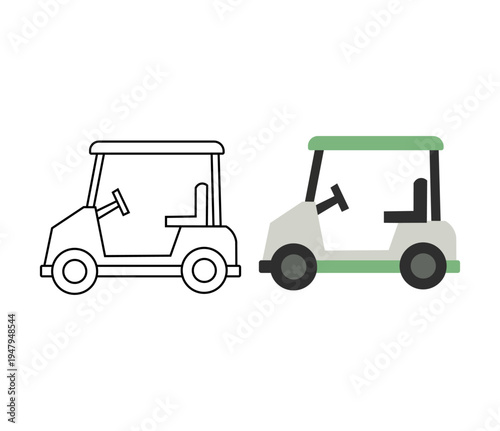 Golf cart icons set, outline and flat vector transportation design