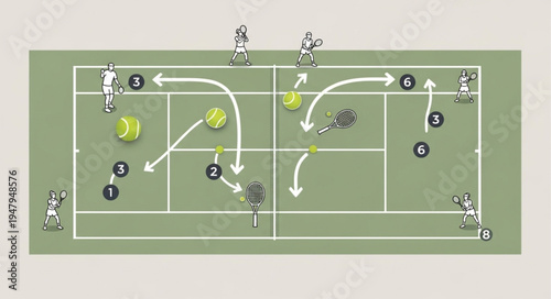 Tennis Court Diagram Illustrating Player Movement and Ball Trajectory.