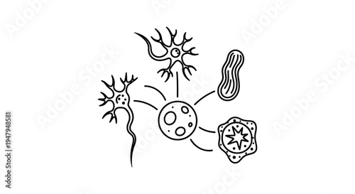 Abstract illustration of neurons, cells, and microorganisms, representing biology and science
