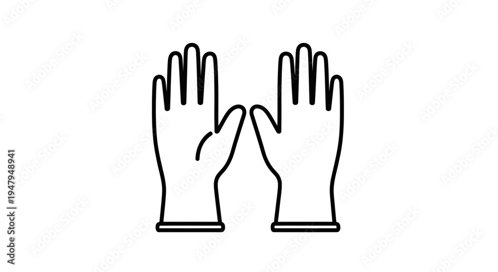 Obraz premium Black and white outline icon of a pair of medical gloves, isolated on white background.