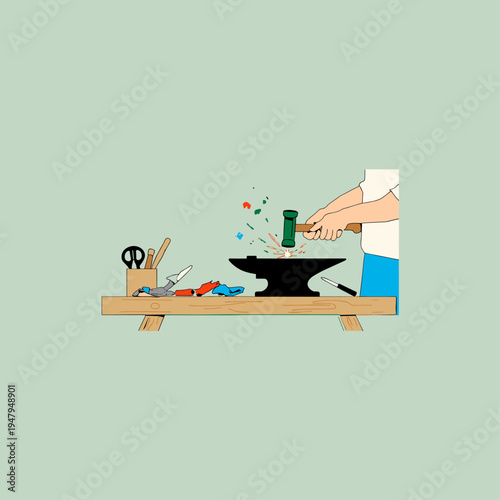 Artisan Hammering Intricate Copper Leaf Design in Workshop