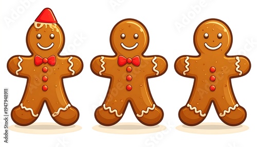 Three smiling gingerbread men, one with a red hat, all decorated with frosting and candy buttons, against a white background