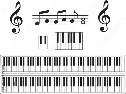 Piano Keyboard and Music Note Vector Illustration Set