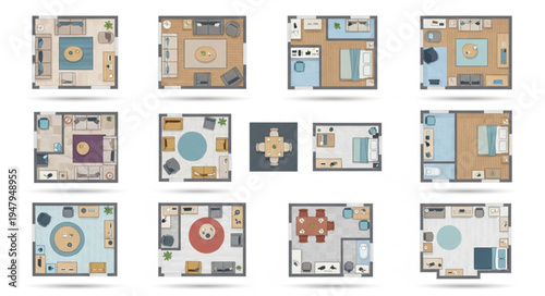 Collection of diverse apartment floor plans showcasing various layouts and interior designs.