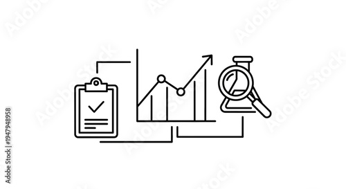 Business analytics and research icons: checklist, graph, and lab flask with magnifying glass