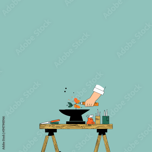 Artisan Hammering Intricate Copper Leaf Design in Workshop