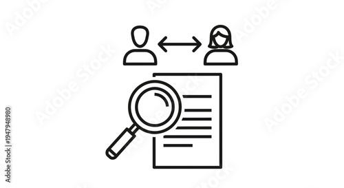 Business Partnership Research: Magnifying Glass on Document, People Icons, Arrows Indicating Connection