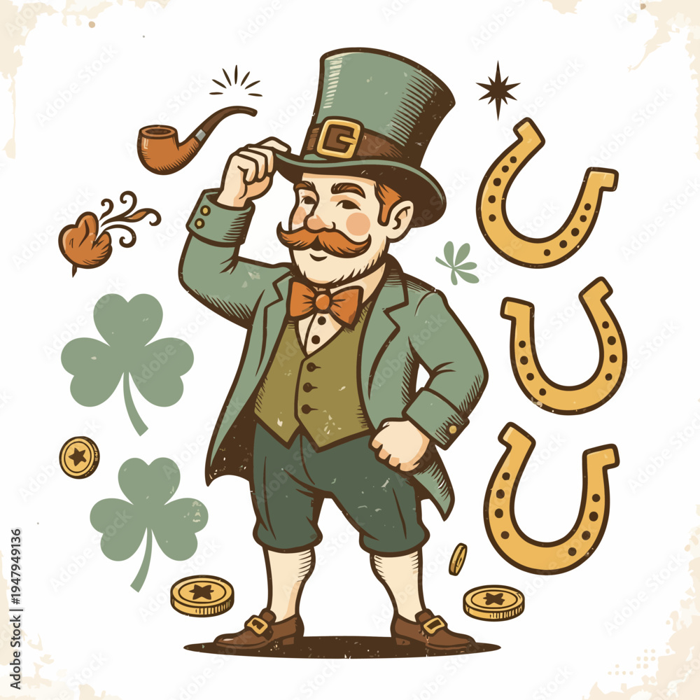 Fototapeta premium Charming Leprechaun in Green Attire Tipping Hat with St Patricks Day Symbols.