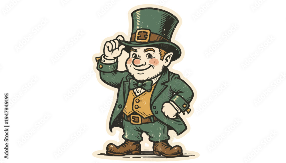 Naklejka premium Charming Leprechaun Character in Green Attire Tipping Hat.