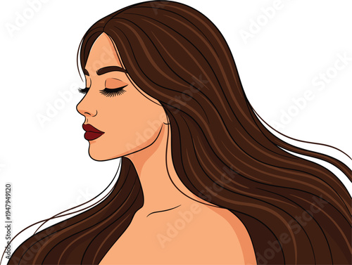 Beautiful woman profile with long flowing brown hair, glamorous female portrait illustration, beauty salon makeup art, elegant girl hair care.
