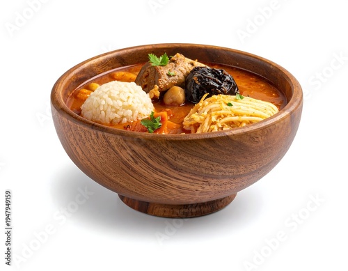 Hearty stew in a wood bowl, showcasing meat, carrots, chickpeas, rice, noodles, and prunes in a rich sauce