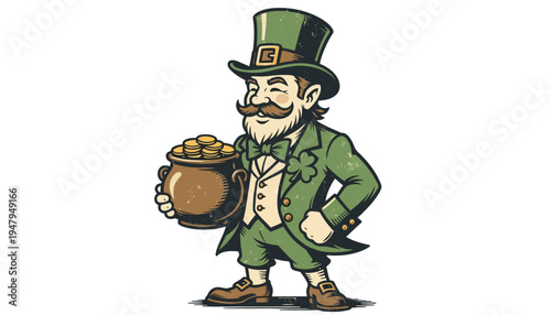 Charming Leprechaun with Pot of Gold Celebrating St Patricks Day.