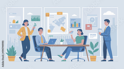 A group of business professionals working together in a modern office with laptops and plants