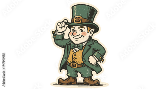 Charming Leprechaun Character in Green Attire Tipping Hat.