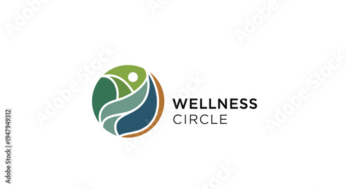 Abstract wellness circle logo concept with stylized human figure and organic natural shapes representing health, balance, and environment.