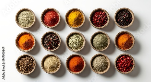 Variety of colorful spices and herbs in small wooden bowls on white surface