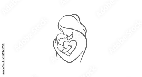 Minimalist line art illustration of a loving mother embracing her baby with a heart, symbolizing maternity, care, and family bond