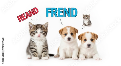 A cute kitten and two puppies are looking at the camera, with text bubbles above them.