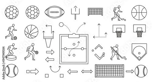 Sports Equipment and Strategy Sketch - Balls, Goals, and Playbook.