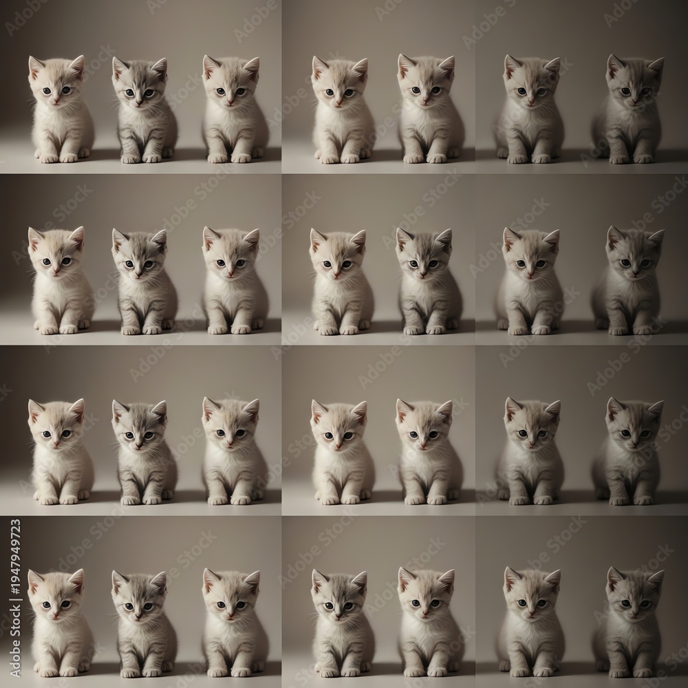 Fototapeta premium A collage of multiple shots of white kittens sitting in rows against a plain background with soft lighting.