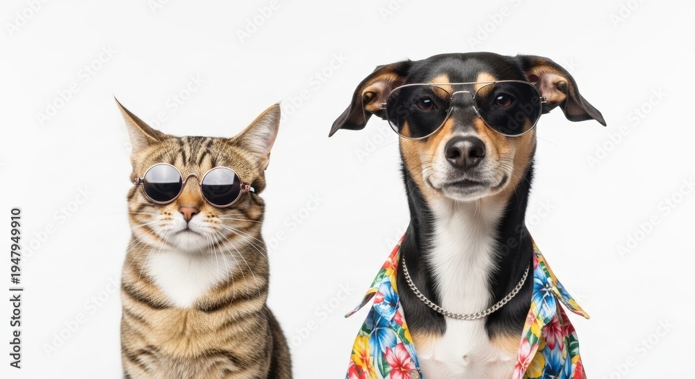 Fototapeta premium A stylish tabby cat and a cool dog wearing sunglasses and a colorful shirt pose together.