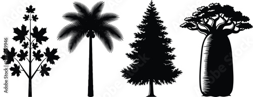 tree silhouette collection, maple palm pine baobab trees set, nature botanical elements, forest plant icons, isolated black vector illustration