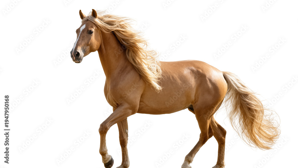 Obraz premium Isolated beautiful golden palomino horse with long flowing mane and tail trotting gracefully
