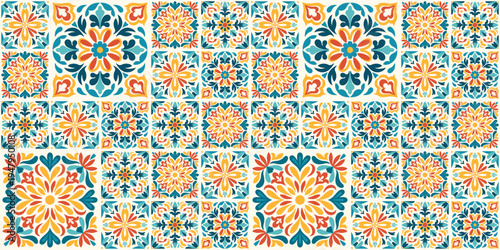 Seamless mexican tile pattern with talavera-inspired floral and geometric motifs in green, orange, yellow and cream. Ornamental ceramic mosaic background with repeating traditional folk squares.
