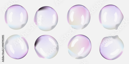 Transparent soap foam balls in air. 3D iridescent rainbow spheres and textured circles float on white png. Glass plastic mirror reflections on big bath bead. Shiny pastel blown day-dreaming bubbles