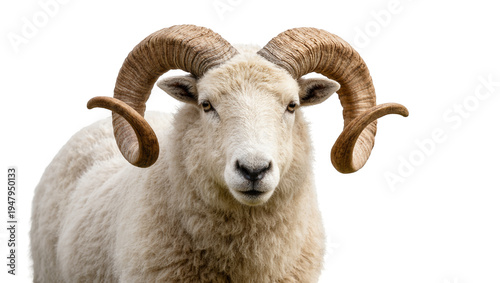 Fotografie Isolated powerful ram with magnificent spiral horns and soft woolly coat facing