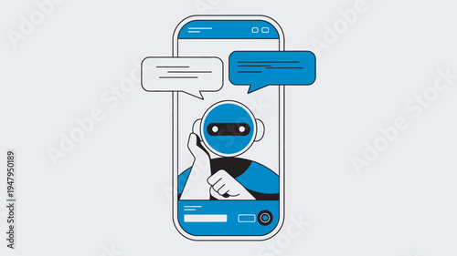 A blue robot character appears on a smartphone screen with speech bubbles