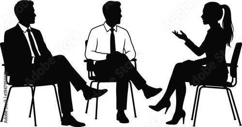 Business people discussion silhouette, group of professionals sitting in chairs for meeting, interview, corporate communication, teamwork, and collaborative consultation session.