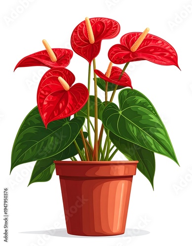 Illustration of a potted plant featuring vibrant red flowers and large, green leaves. The plant stands in a brown clay pot against a white background