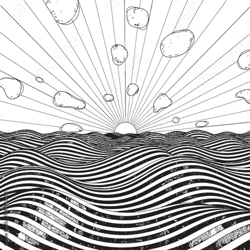 Black and white illustration of sunburst over wavy lines