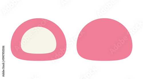 Pink mochi dessert, sweet rice cake, round shape, close up view