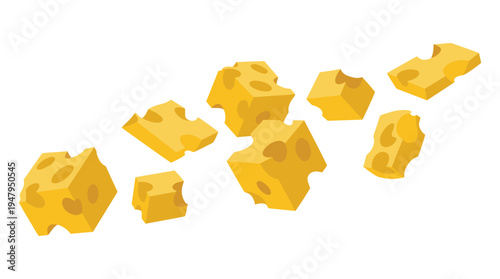 Swiss cheese chunks and slices scattered on transparent background art