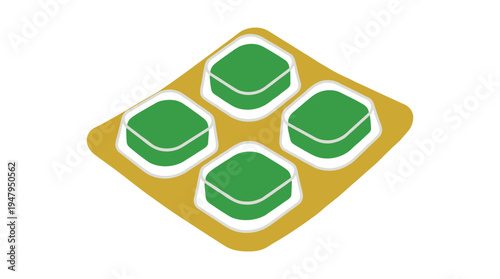 Medical blister pack with green square pills in isometric perspective