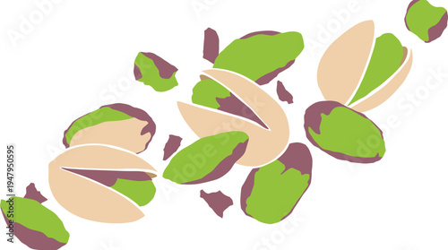 Pistachio nuts with shells and green kernels scattered in flat style